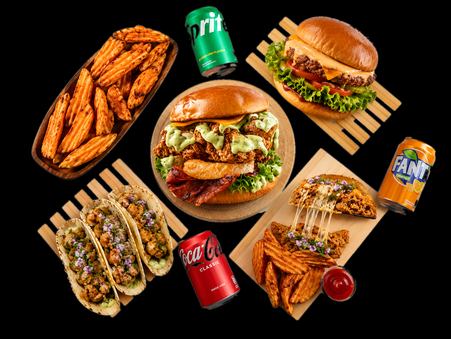 A spread of Freaky burgers, tacos and loaded fries